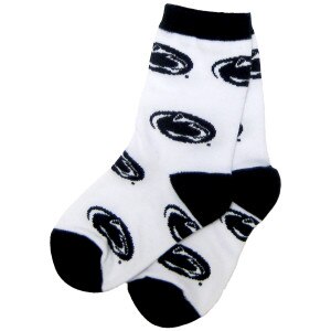 white youth socks with navy trim and Penn State Athletic Logos all over